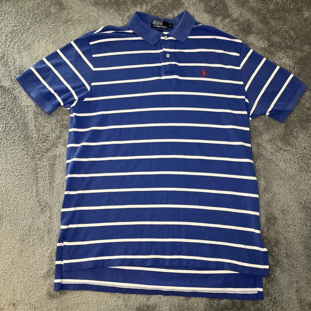 VTG Polo Ralph Lauren Shirt Men's XL Blue White Stripe Short Sleeve 90s